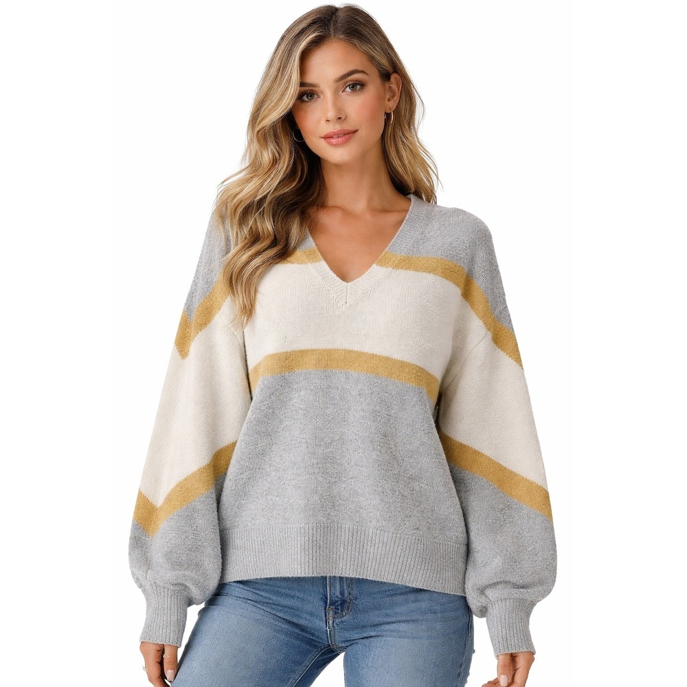 Soft Metallic Vneck Sweater Womens L Colorblock Chunky Balloon Sleeves Gray Gold